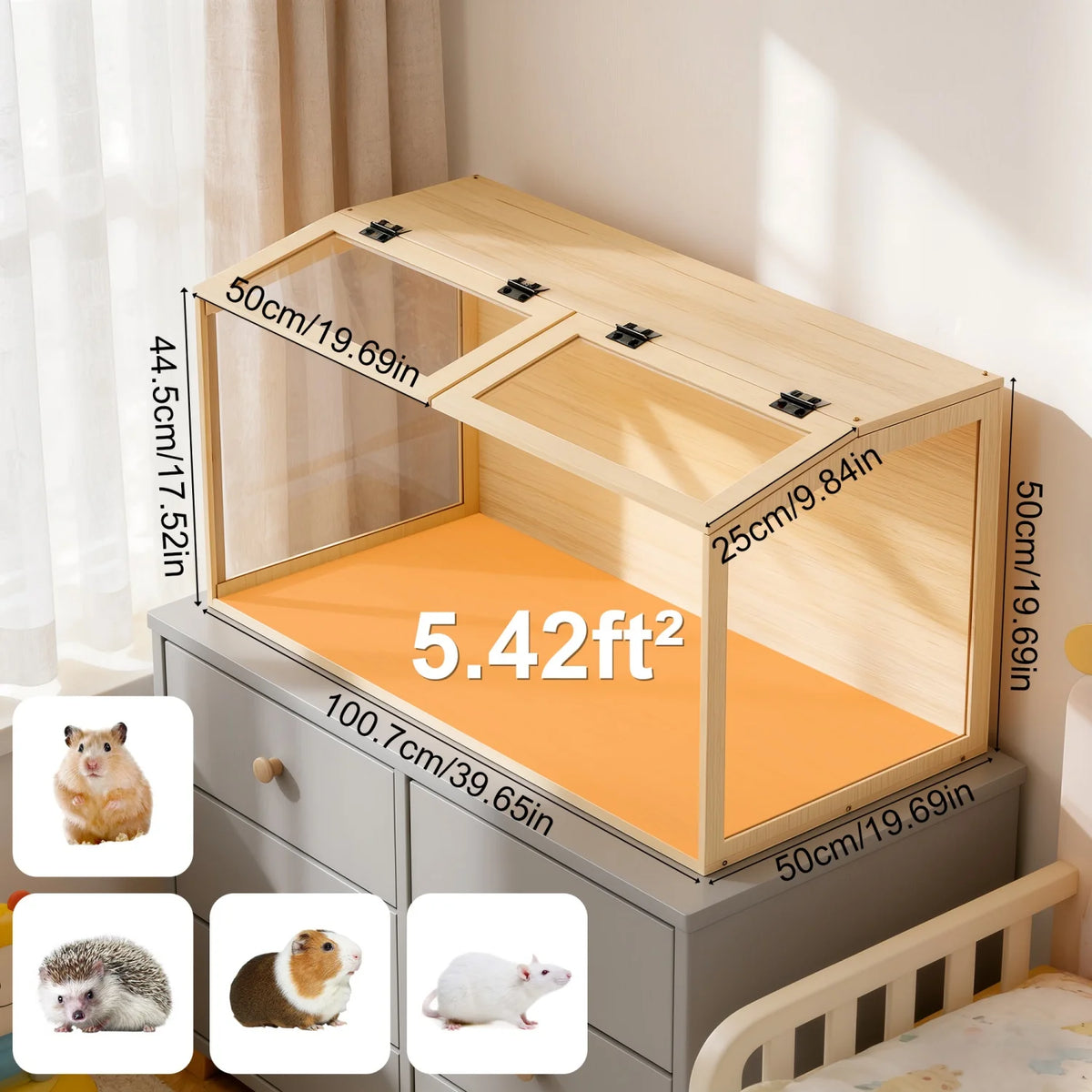 Wooden Hamster Cage With Glass Panels And Led Light