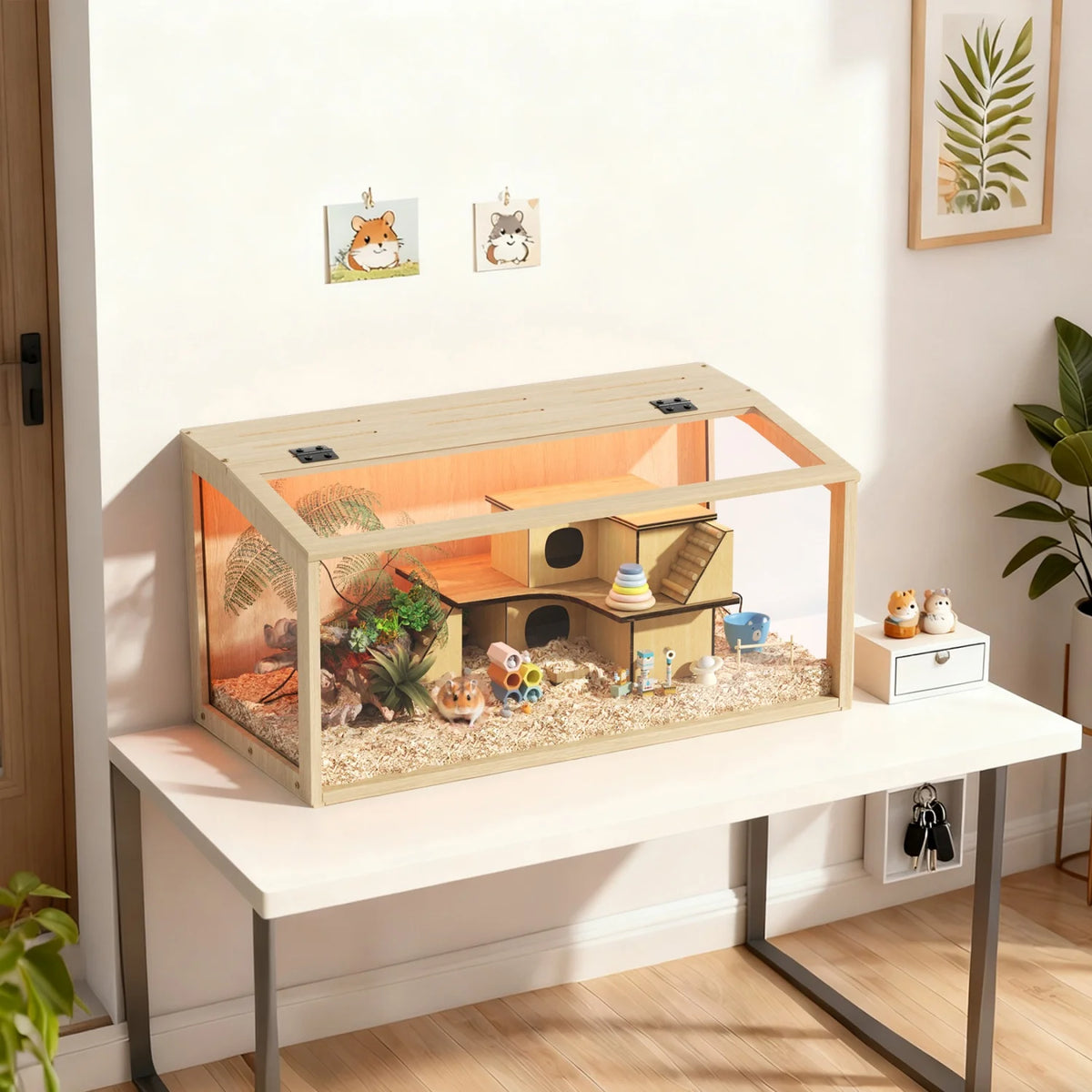 Wooden Hamster Cage With Glass Panels And Led Light