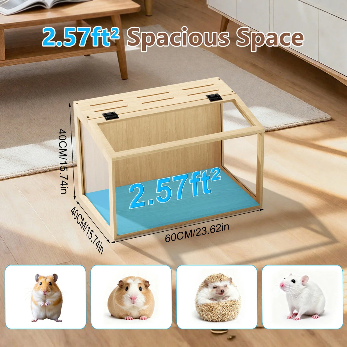 Wooden Hamster Cage With Glass Panels And Led Light