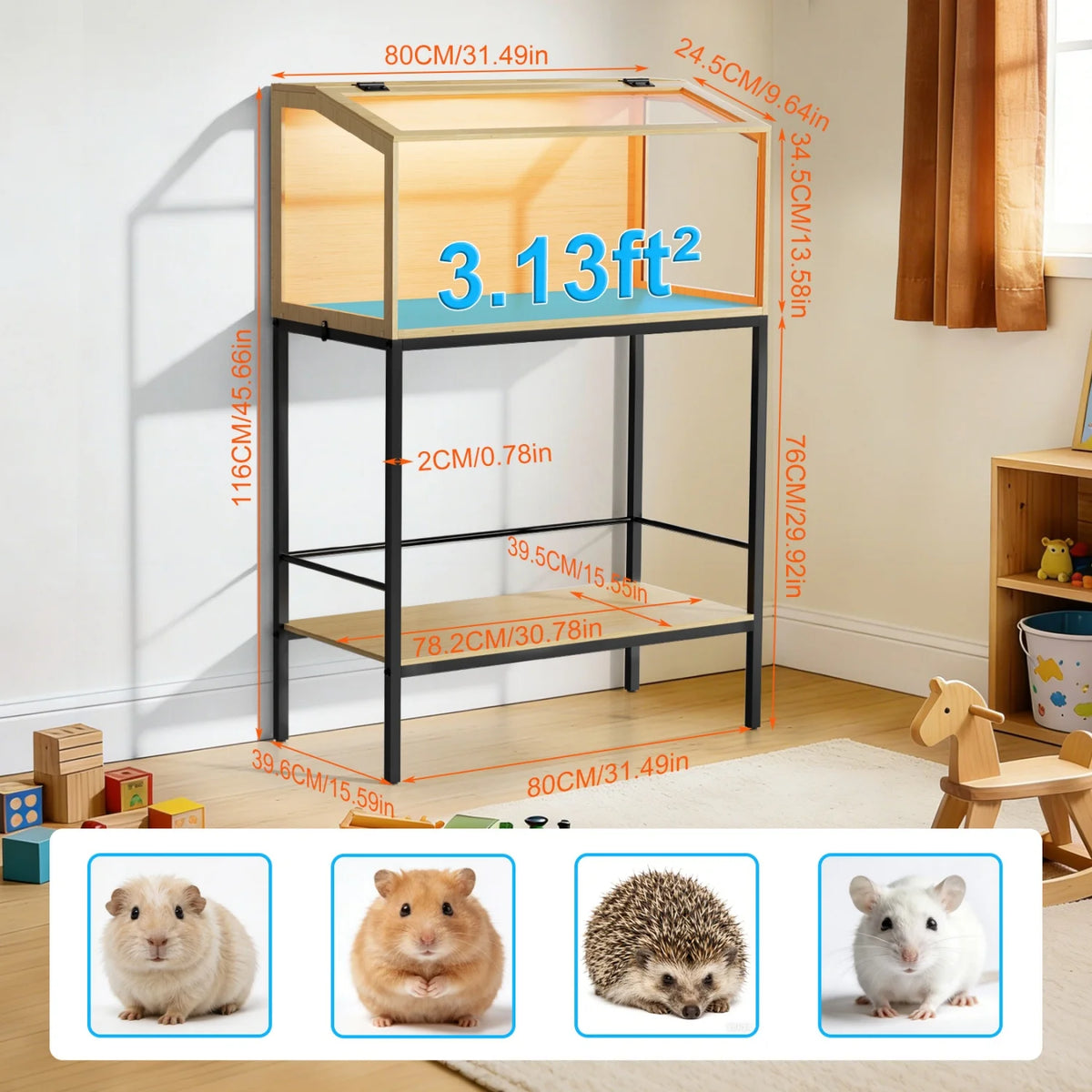 Wooden Hamster Cage With Glass Panels And Led Light