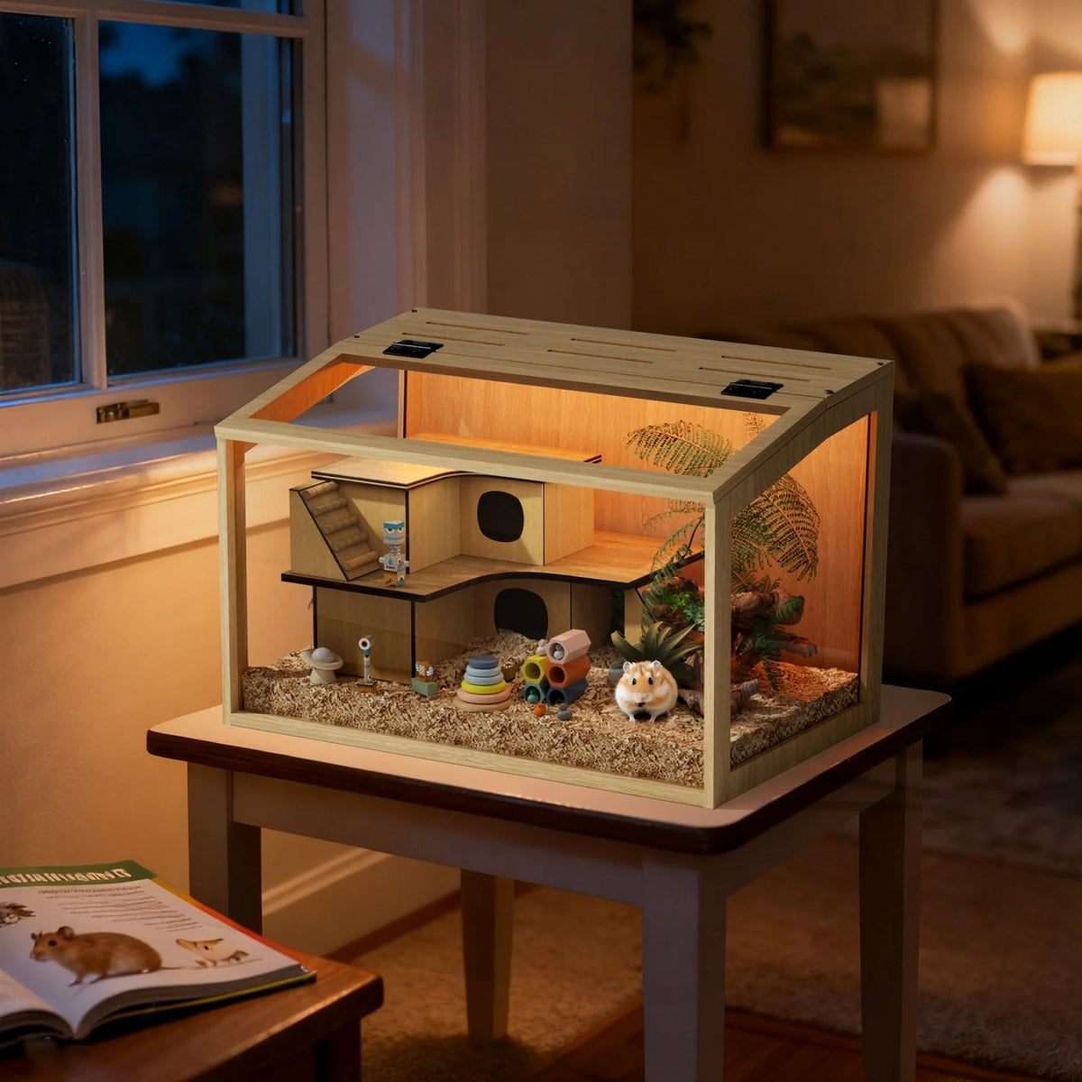 Wooden Hamster Cage With Glass Panels And Led Light