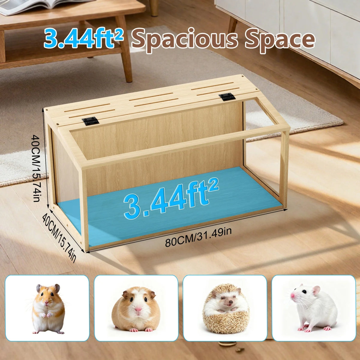 Wooden Hamster Cage With Glass Panels And Led Light