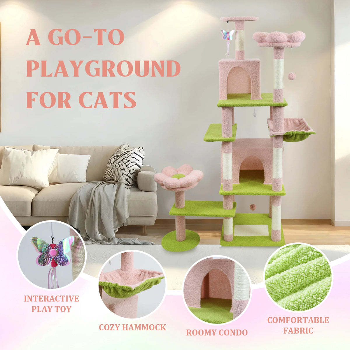 Flower Cat Tree with Cushion Hammock and Scratching Post