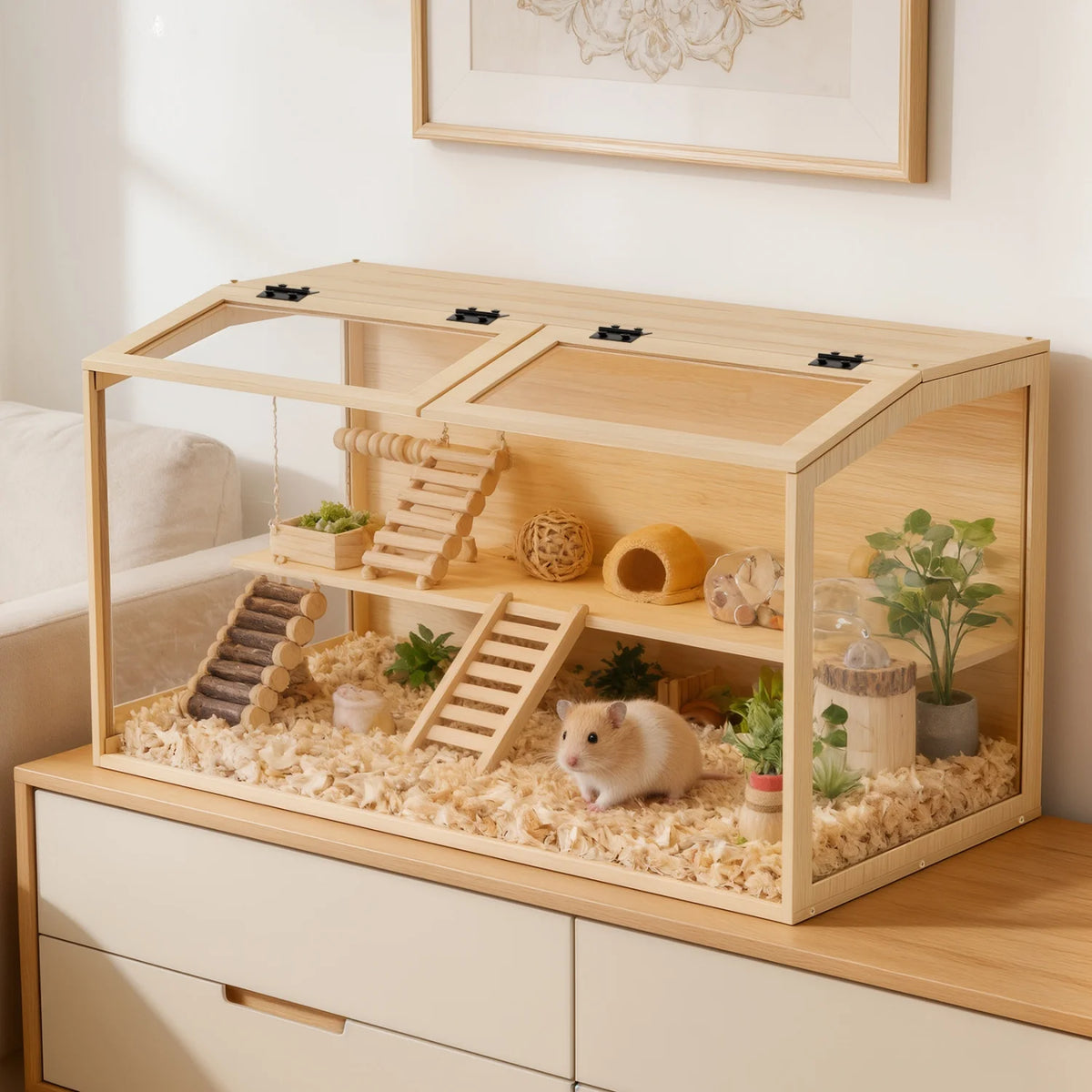 Wooden Hamster Cage With Glass Panels And Led Light