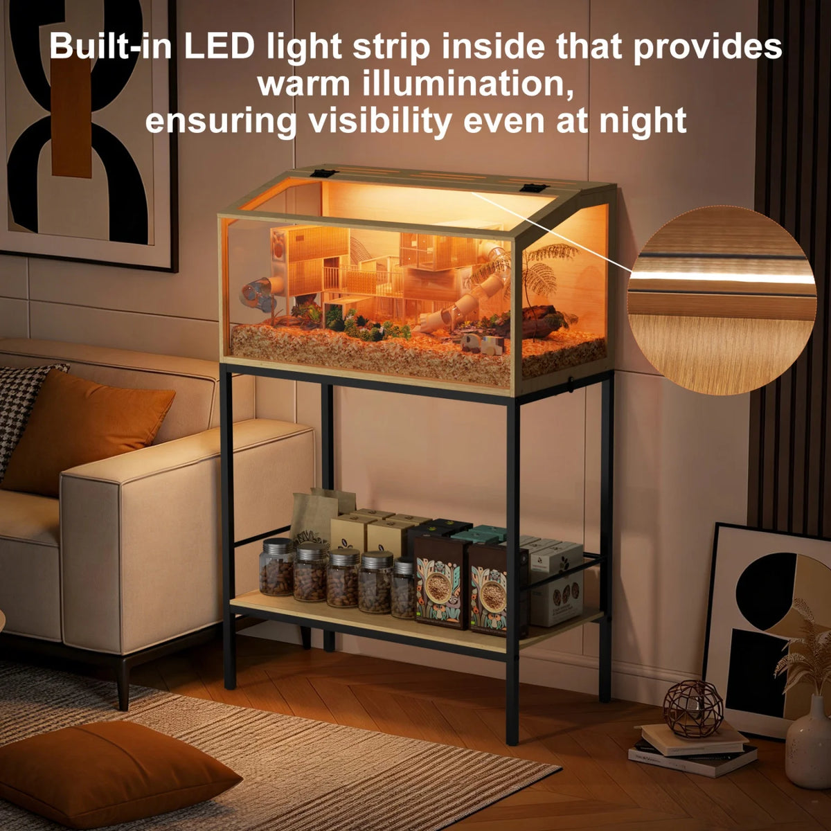 Wooden Hamster Cage With Glass Panels And Led Light